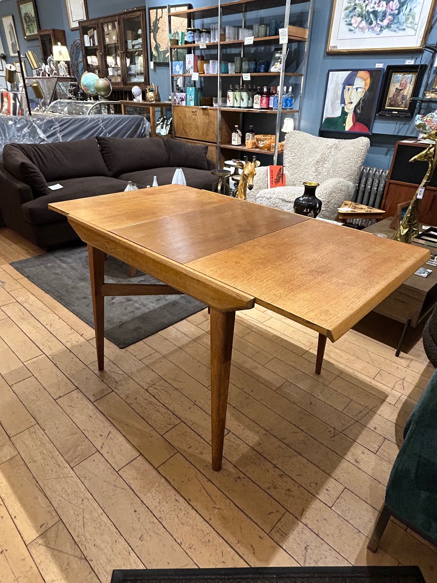 Midcentury Oak Dining Table with 2 Leaves