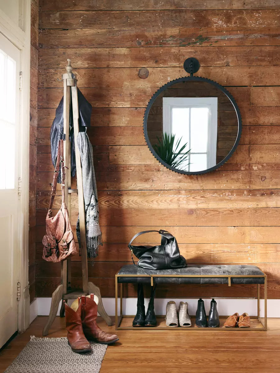 Tufted Leather and Iron Bench