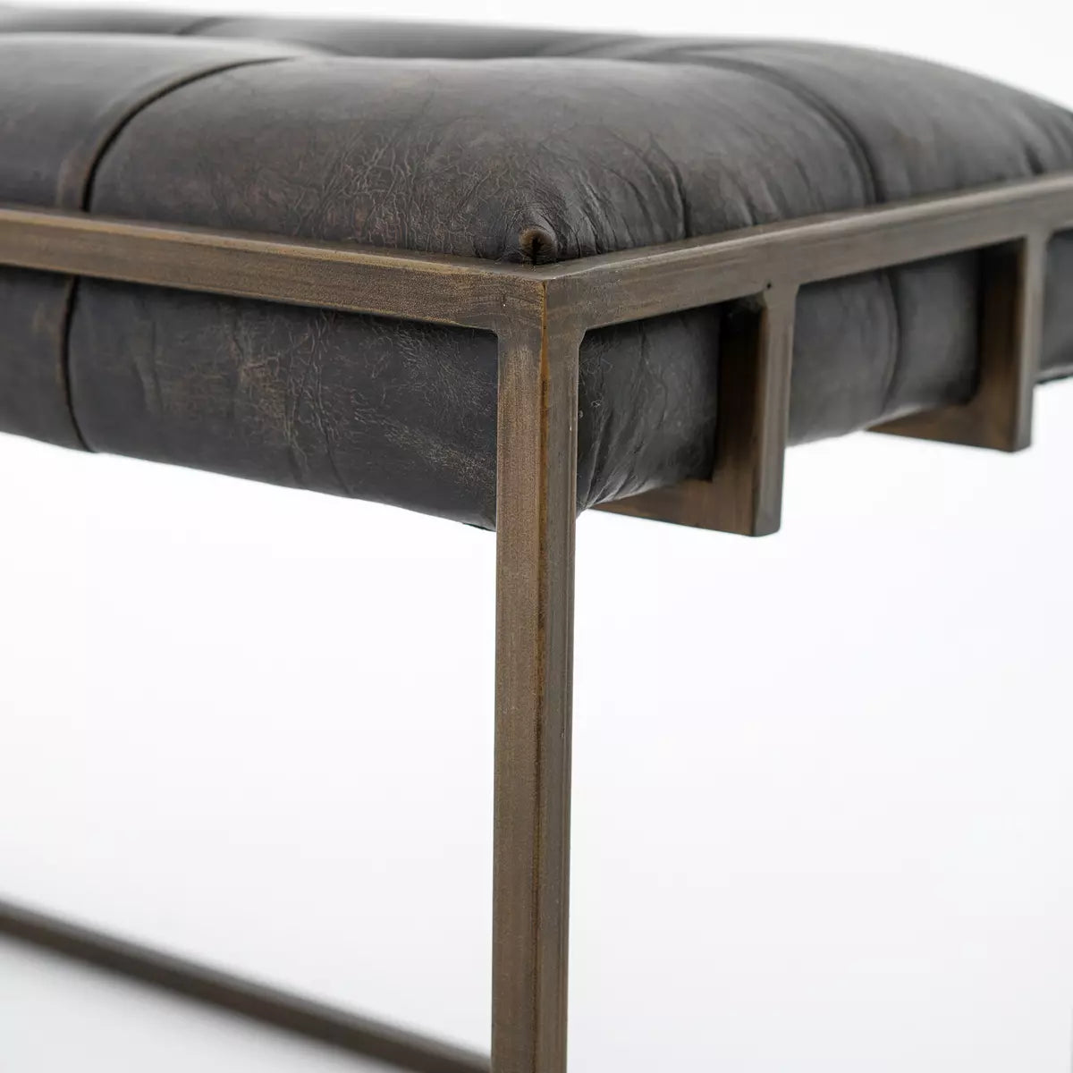 Tufted Leather and Iron Bench