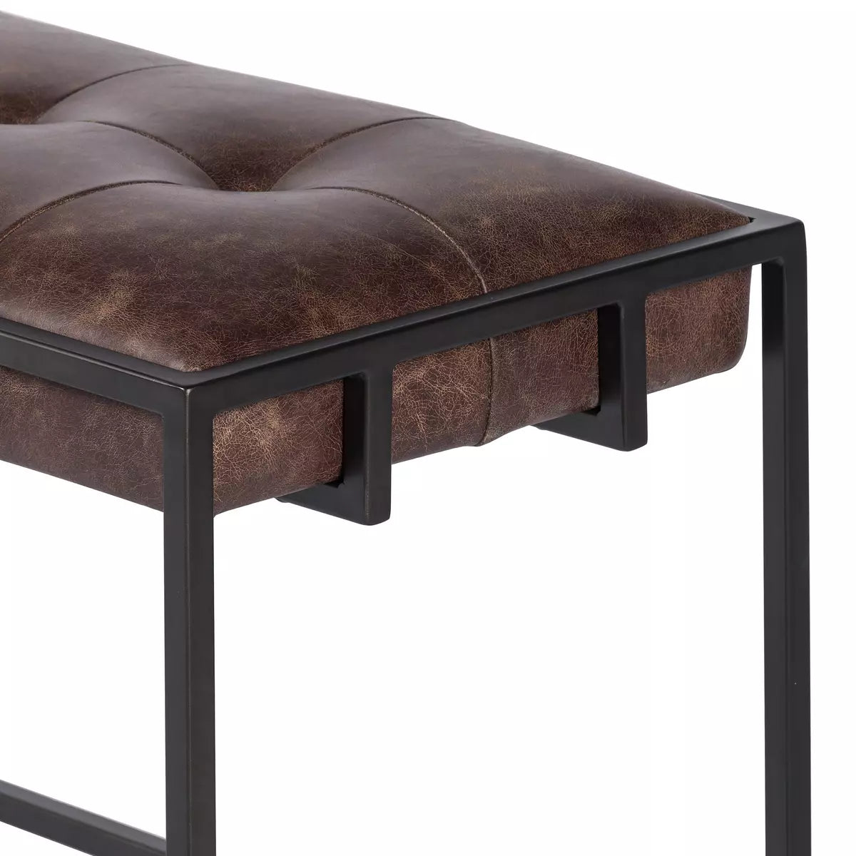 Tufted Leather and Iron Bench