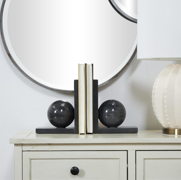 Black Marble Geometric Sleek Orb Bookends