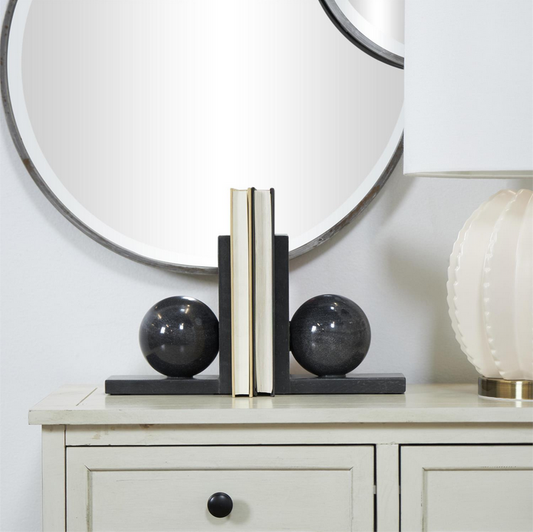 Black Marble Geometric Sleek Orb Bookends