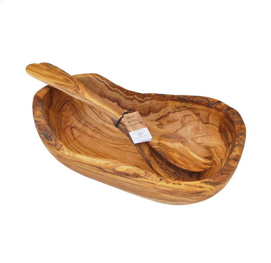 Olive Wood Gift Set Natural Boat Shaped Bowl and Salad Servers