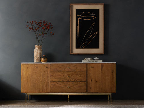 Oak, Brass, and Marble Media Console