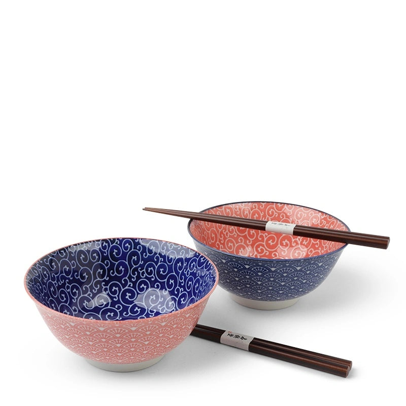 Bowl Set Arabesque Waves Blue/Red