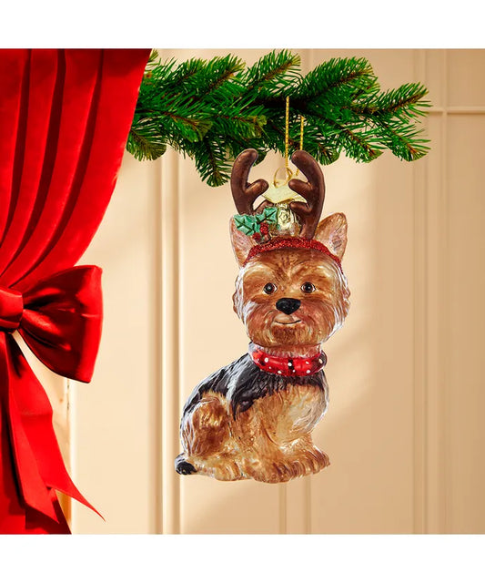 Yorkshire Terrier with Antlers Ornament