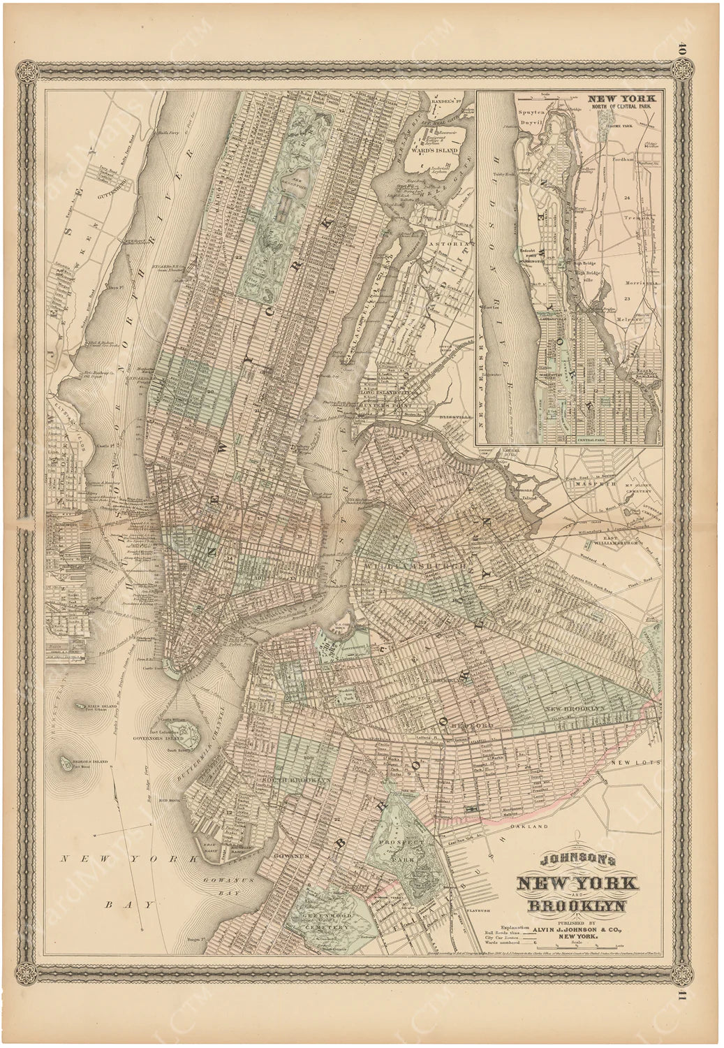 New York and Brooklyn AJ Johnson and Co 1866 Map
