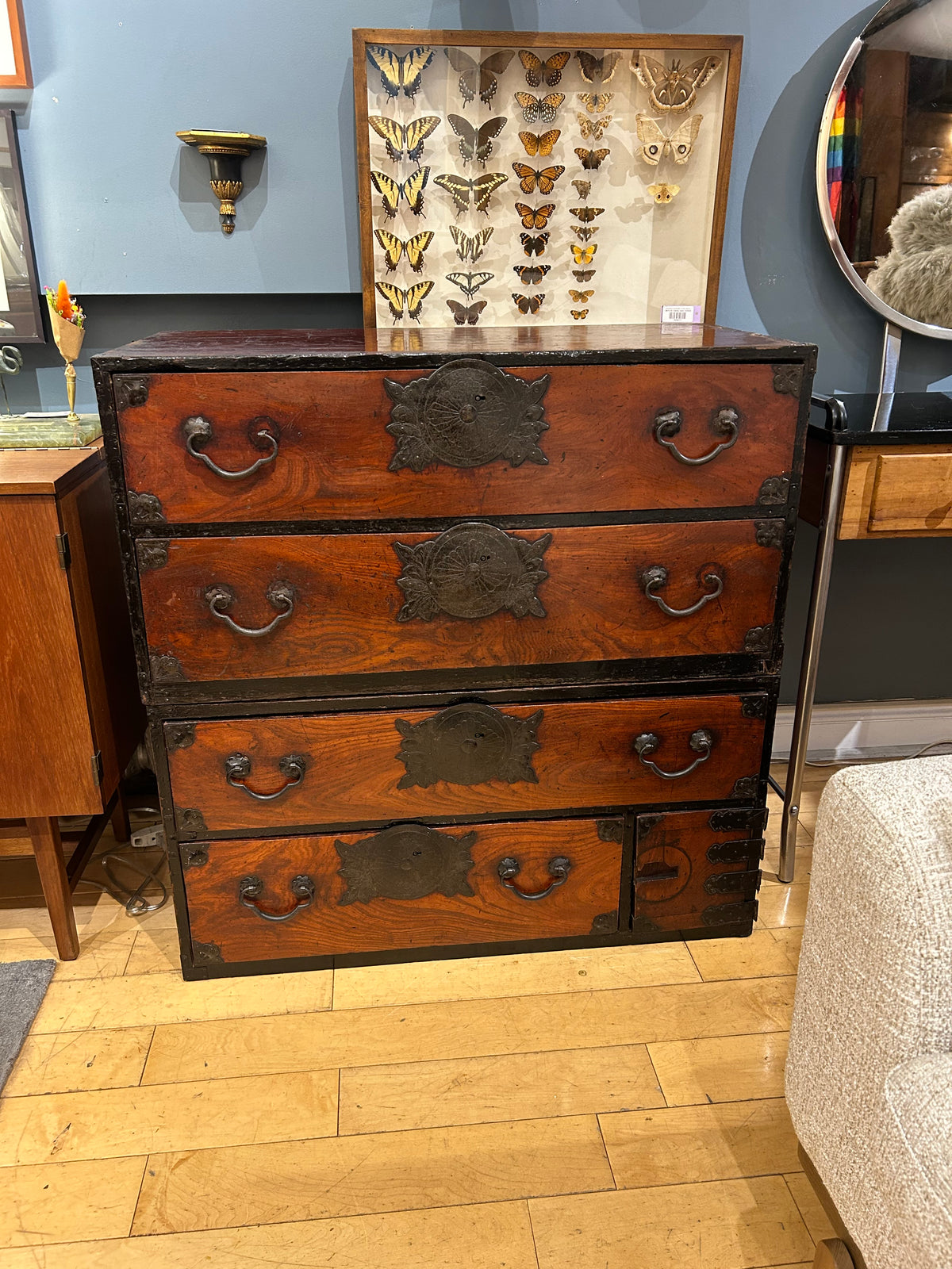 Antique 2 Piece Japanese Chest with Ornate Iron Hardware