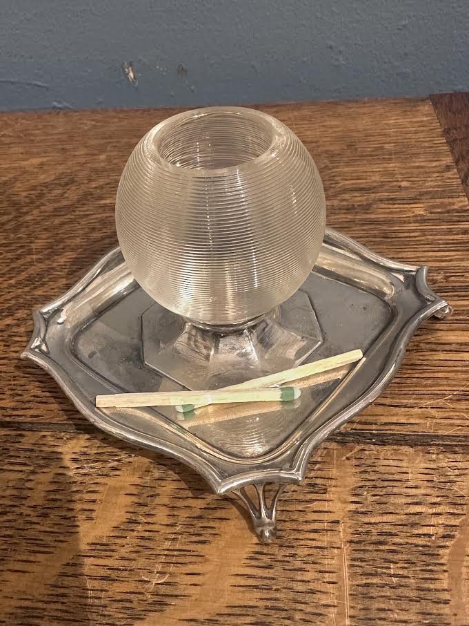 Antique 1908 Silver Match Striker + Glass Tray by Roberts & Belk