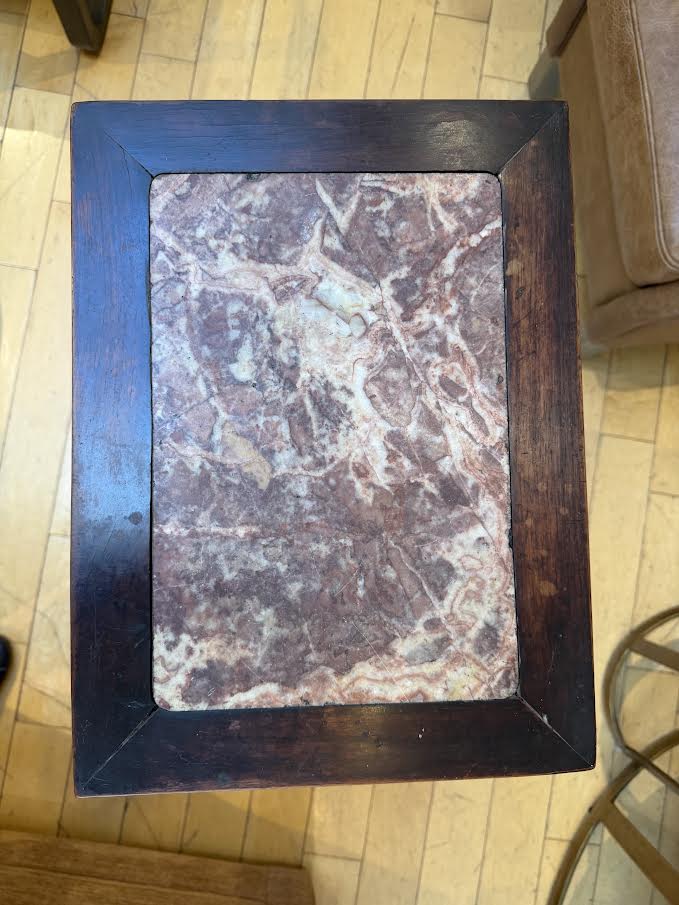 Antique Tall Wood Side Table with Marble Top
