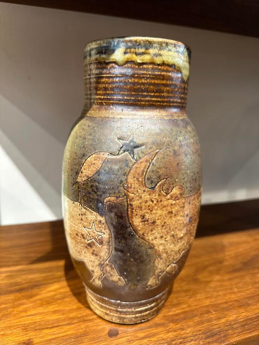Rhino Themed Pottery Vase Signed