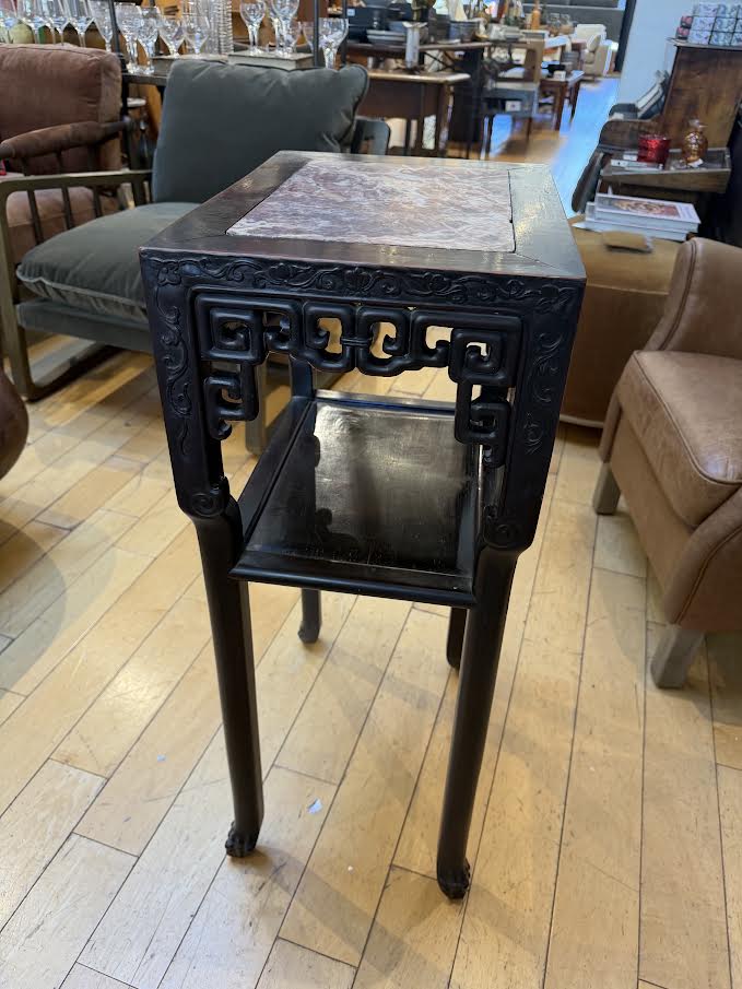 Antique Tall Wood Side Table with Marble Top