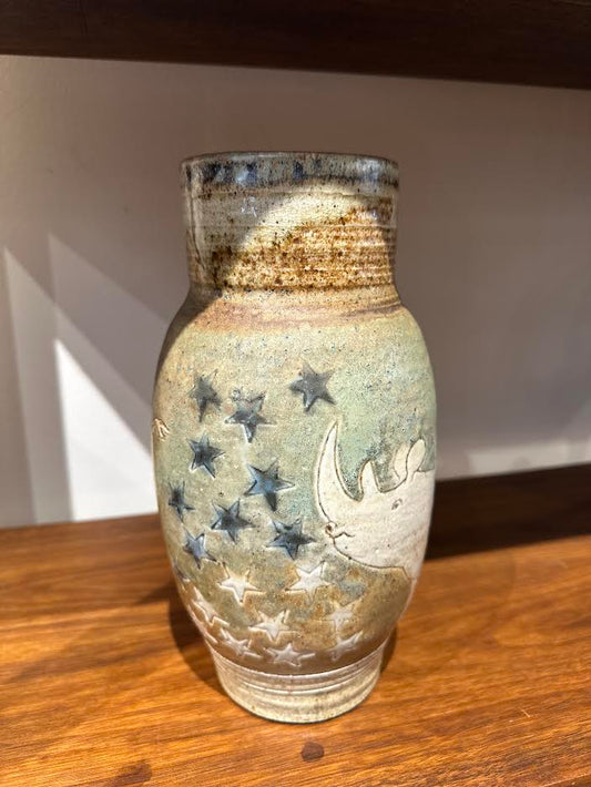 Rhino Themed Pottery Vase Signed
