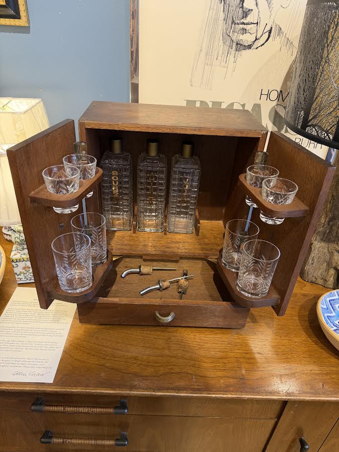Mid-Century Modern Wood Mini Bar Cabinet Set
