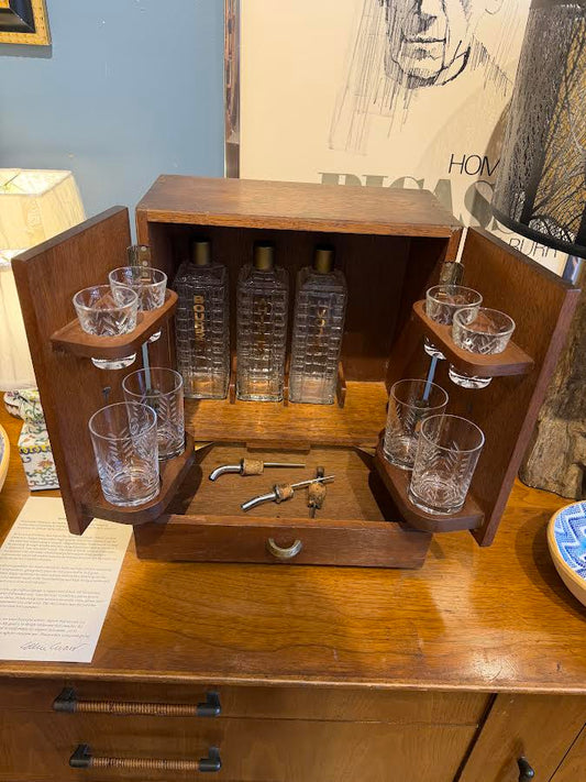 Mid-Century Modern Wood Mini Bar Cabinet Set