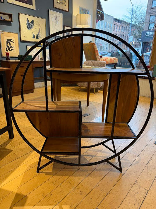 Round Wood and Metal Bookcase
