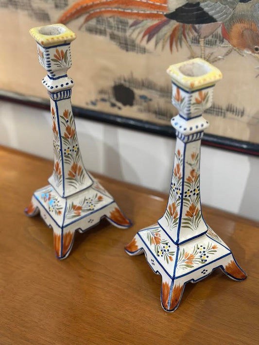 Pair of French Handpainted Candlestick Holders