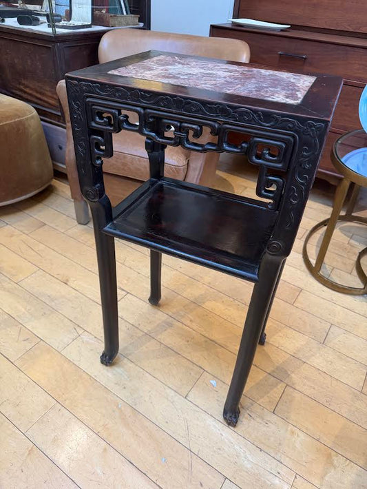 Antique Tall Wood Side Table with Marble Top