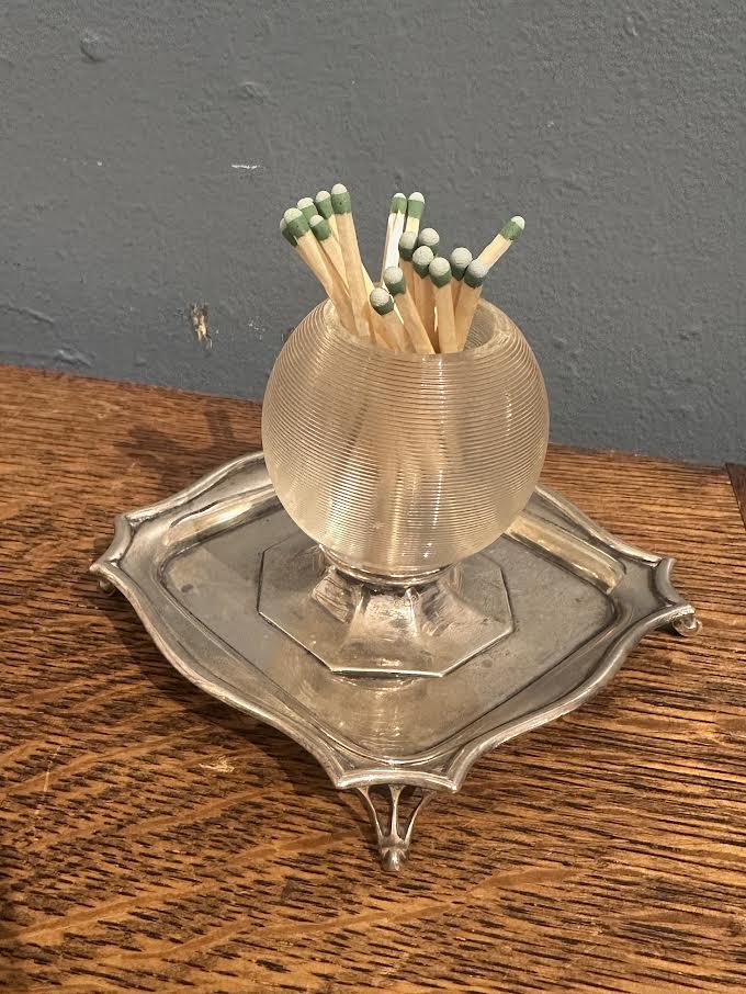Antique 1908 Silver Match Striker + Glass Tray by Roberts & Belk