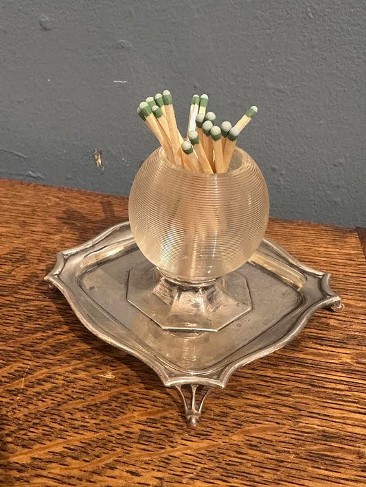 Antique 1908 Silver Match Striker + Glass Tray by Roberts & Belk