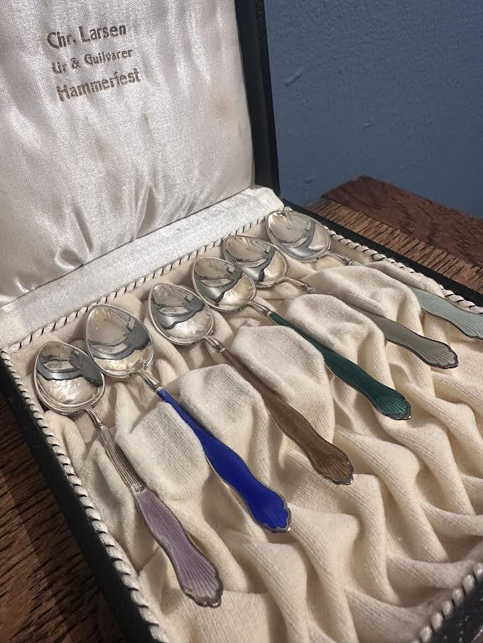 Set of 6 Colorful Demitasse Spoons in Case