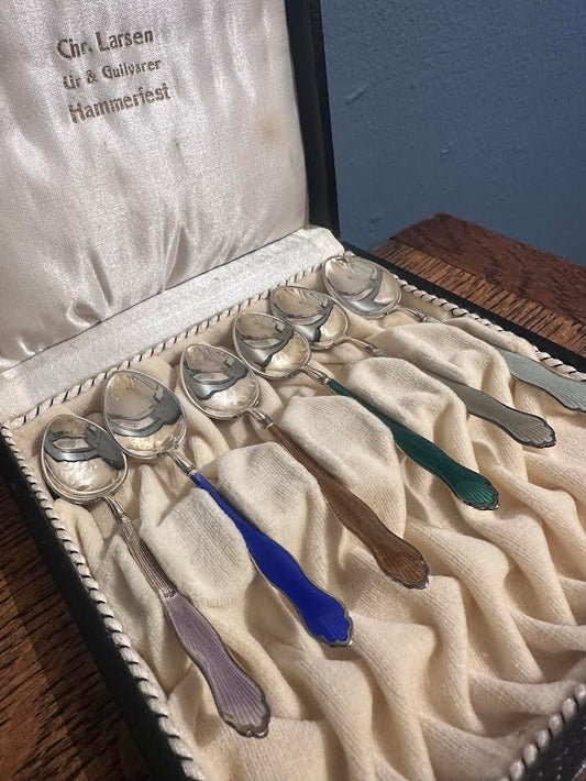 Set of 6 Colorful Demitasse Spoons in Case