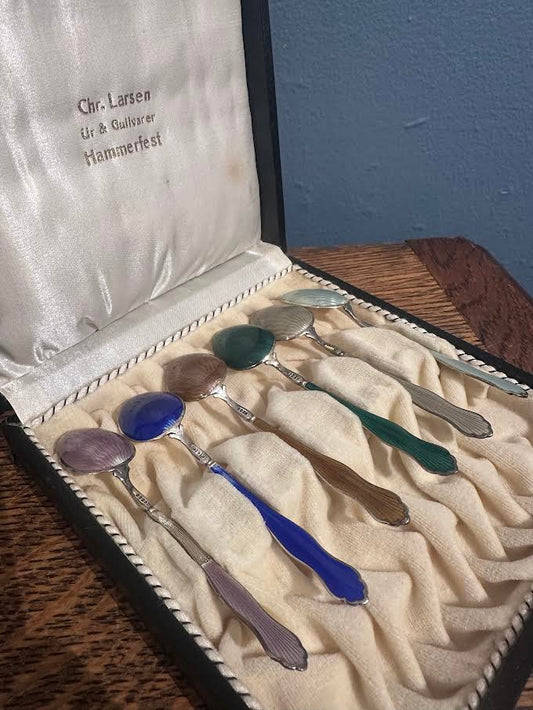 Set of 6 Colorful Demitasse Spoons in Case