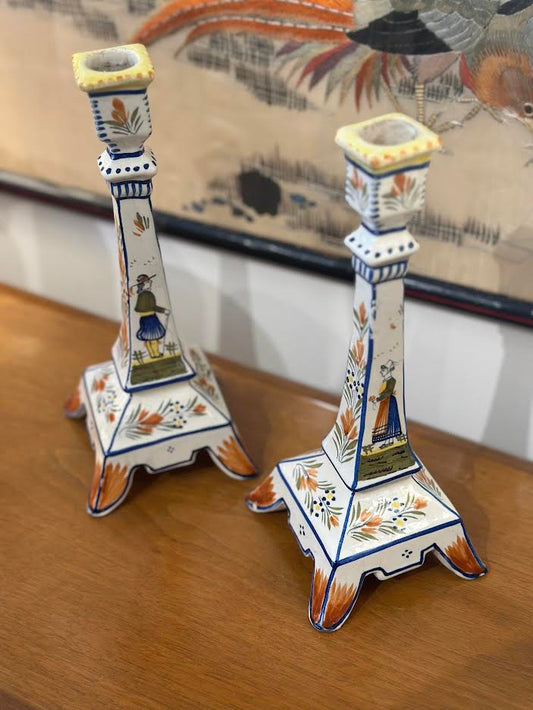 Pair of French Handpainted Candlestick Holders