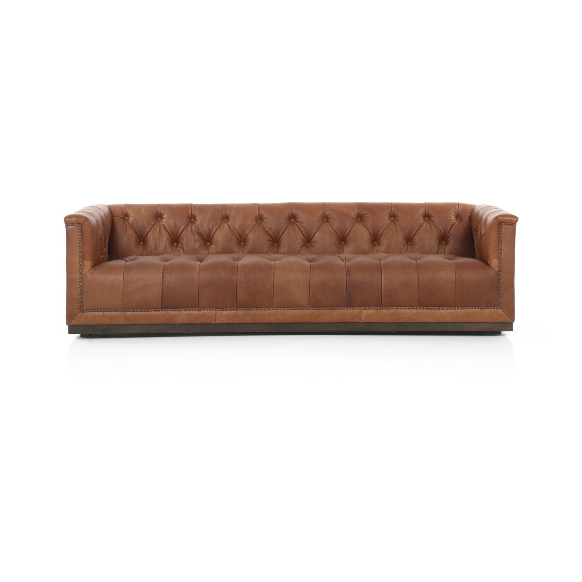 Tufted Distressed Sofa with Bronze Detail