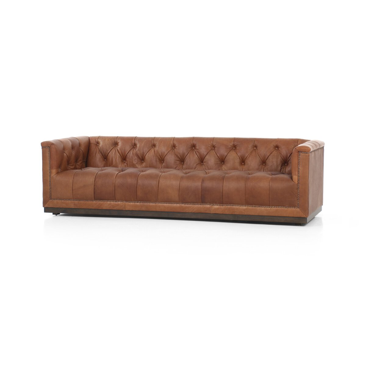 Tufted Distressed Sofa with Bronze Detail