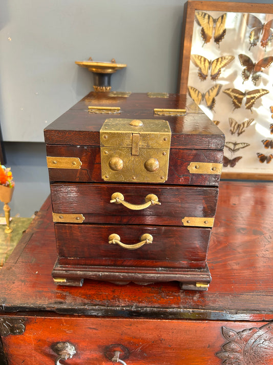Korean Wood Vanity/Jewelry Box with Brass Hardware and 2 Front Drawers