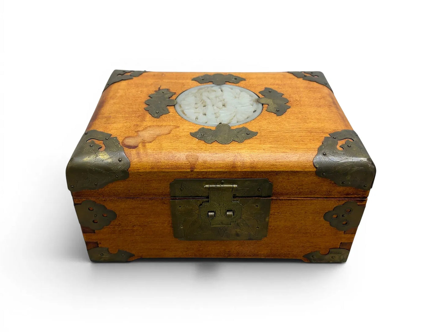 Chinese Wooden Box With Jade Inset Lid