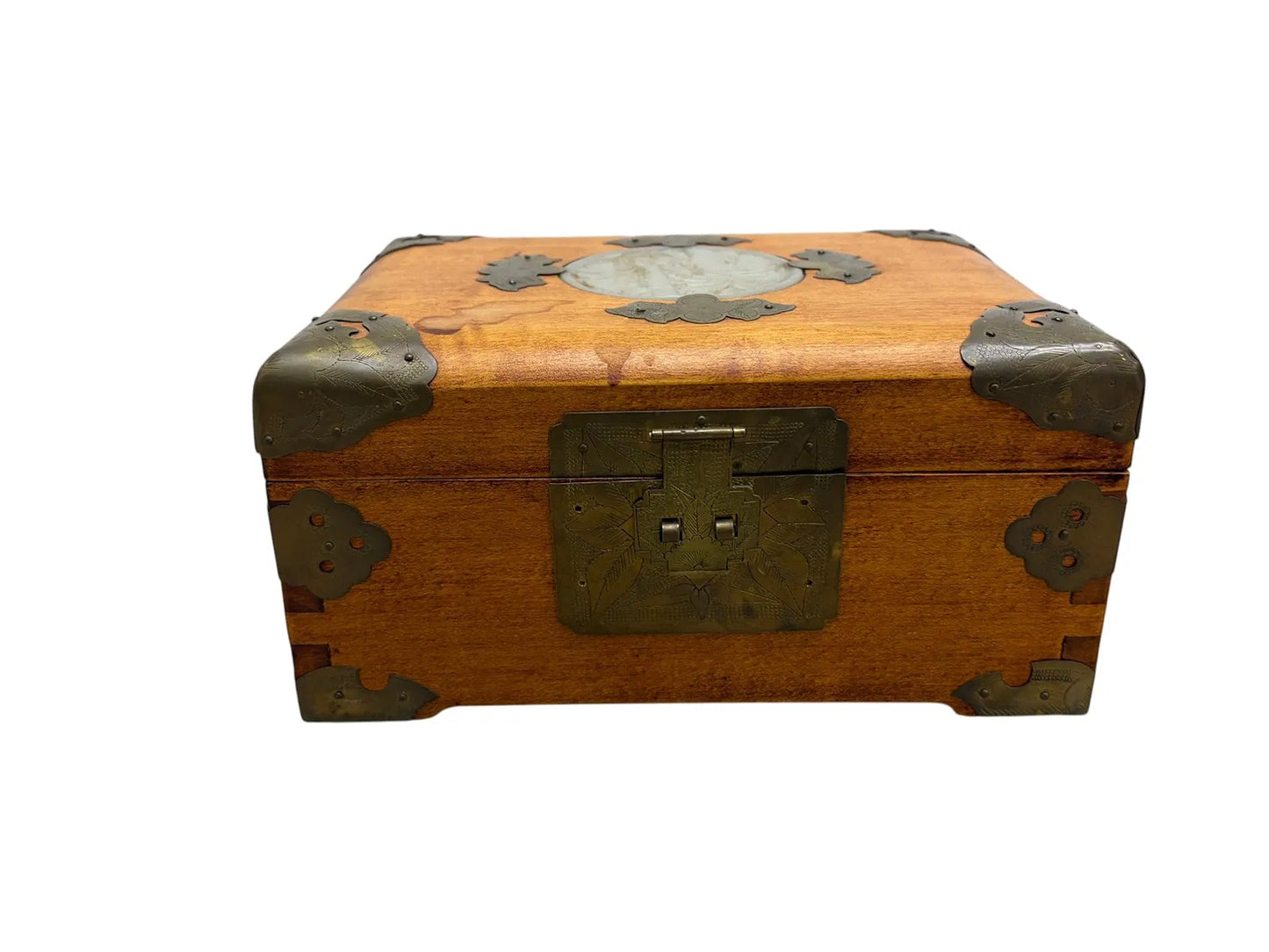 Chinese Wooden Box With Jade Inset Lid