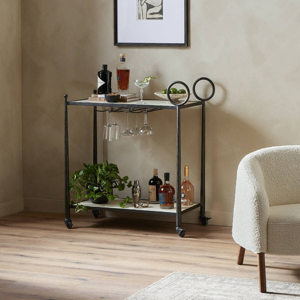 Hammered Iron and Marble Bar Cart