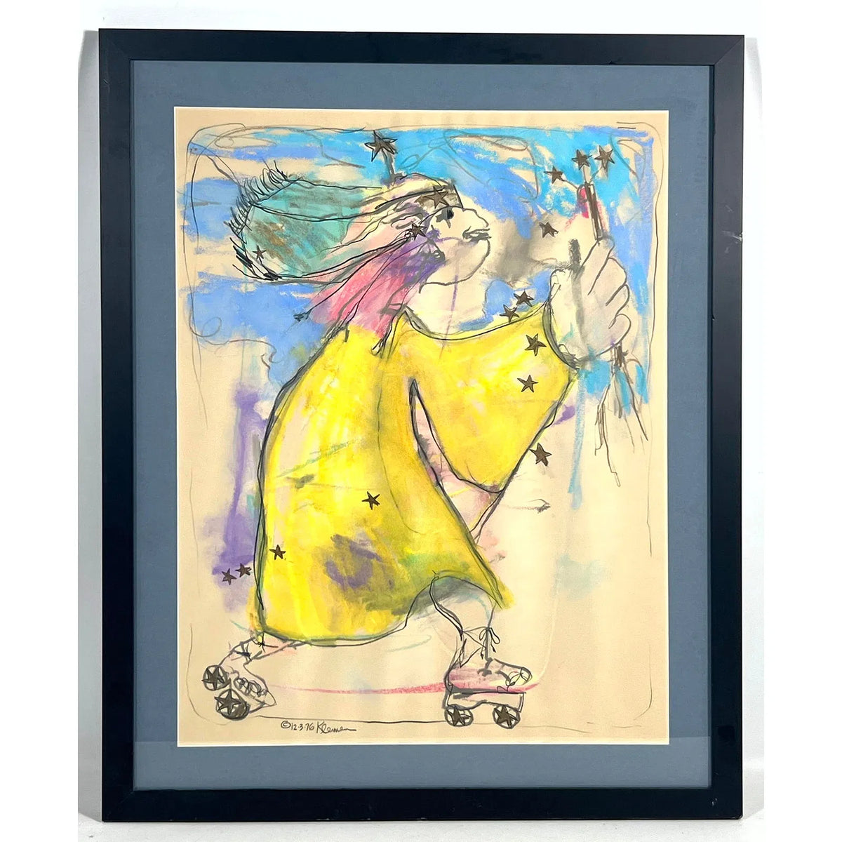 '76 Signed George Kleiman Mixed Media Drawing of Roller Skater