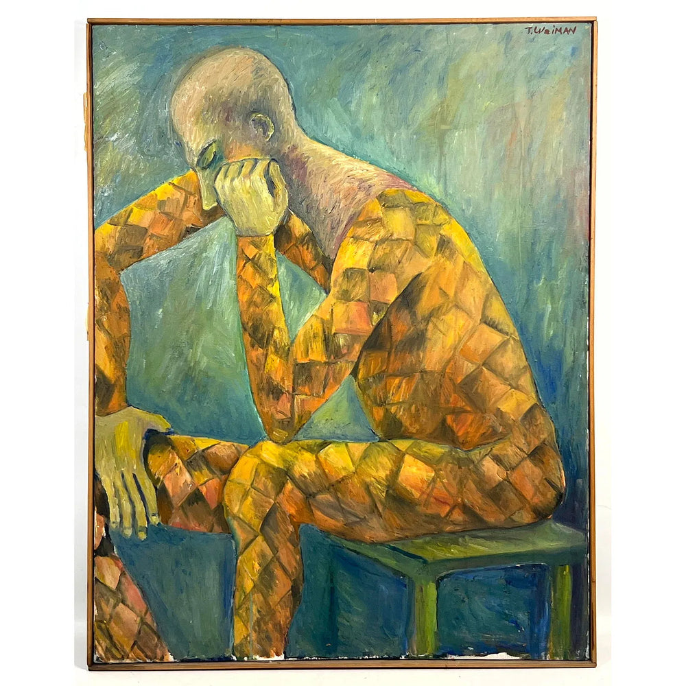 Signed T. Weiman Expressionist Oil Painting of Harlequin Figure