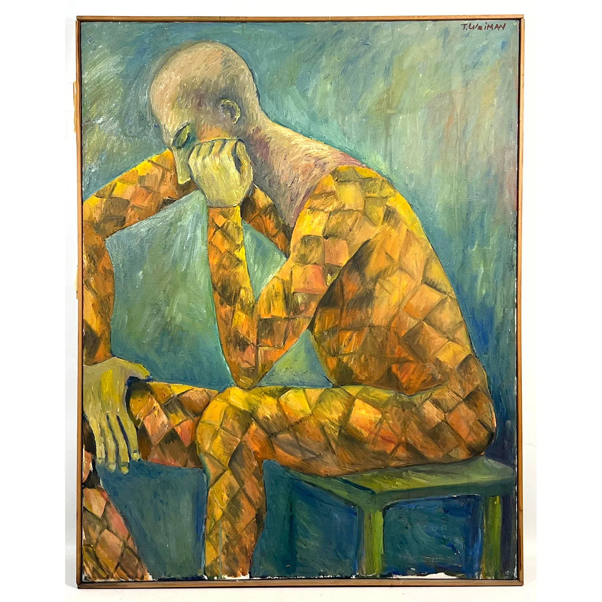 Signed T. Weiman Expressionist Oil Painting of Harlequin Figure