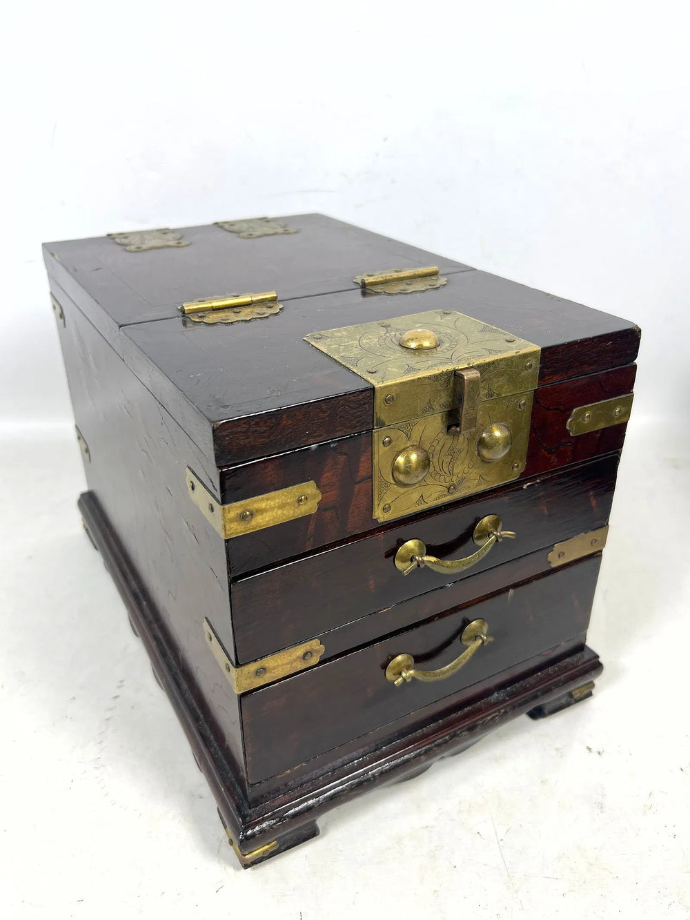 Korean Wood Vanity/Jewelry Box with Brass Hardware and 2 Front Drawers