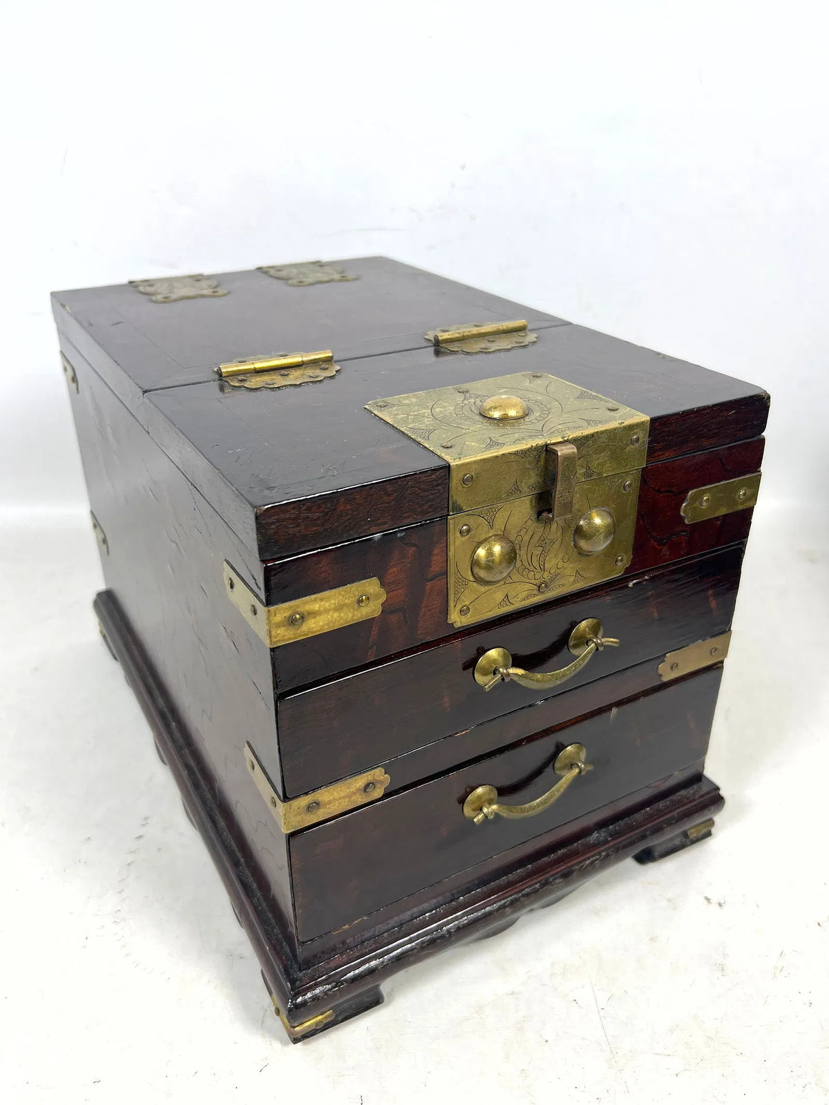 Korean Wood Vanity/Jewelry Box with Brass Hardware and 2 Front Drawers