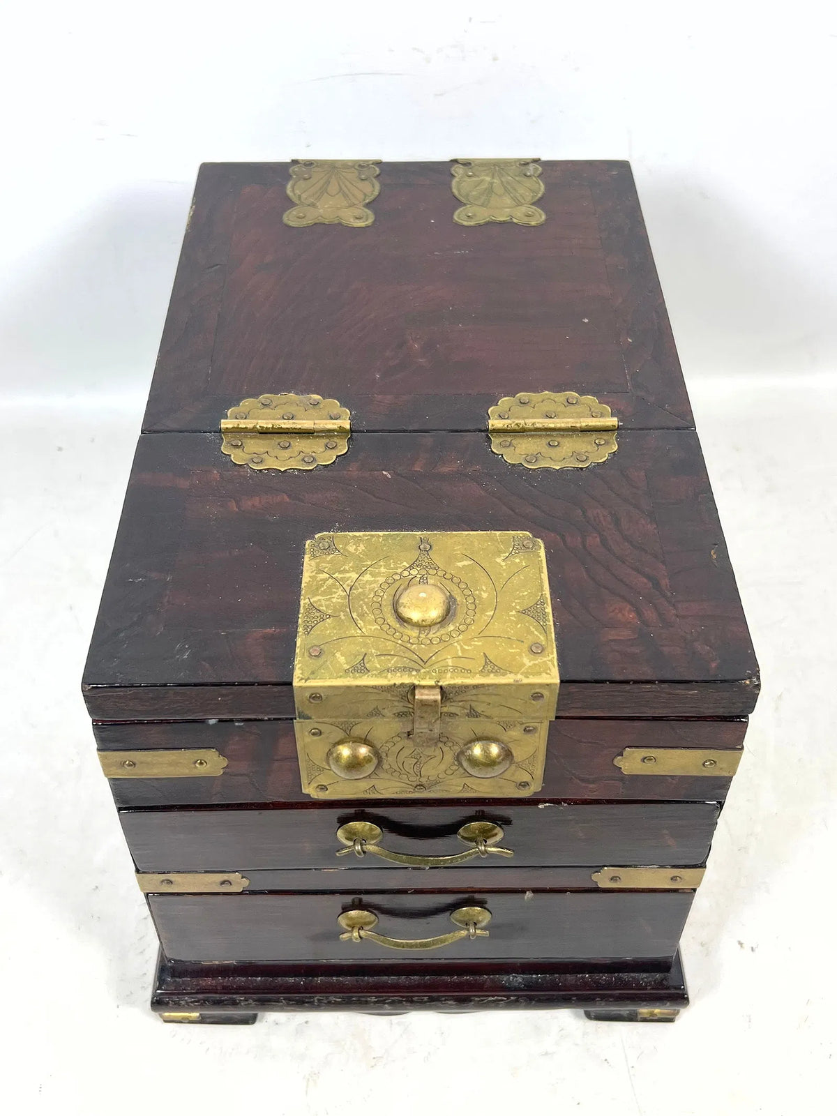 Korean Wood Vanity/Jewelry Box with Brass Hardware and 2 Front Drawers