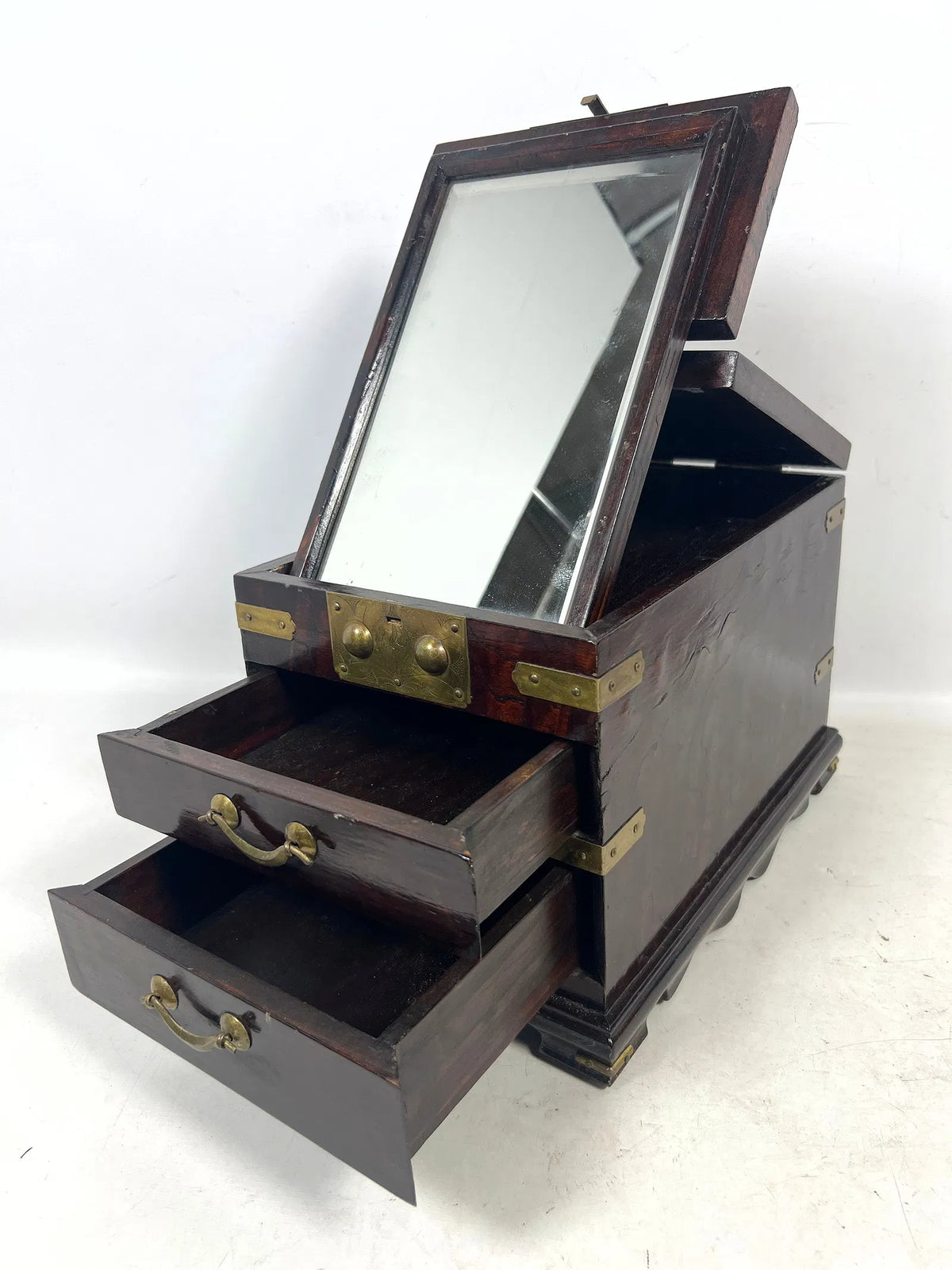 Korean Wood Vanity/Jewelry Box with Brass Hardware and 2 Front Drawers
