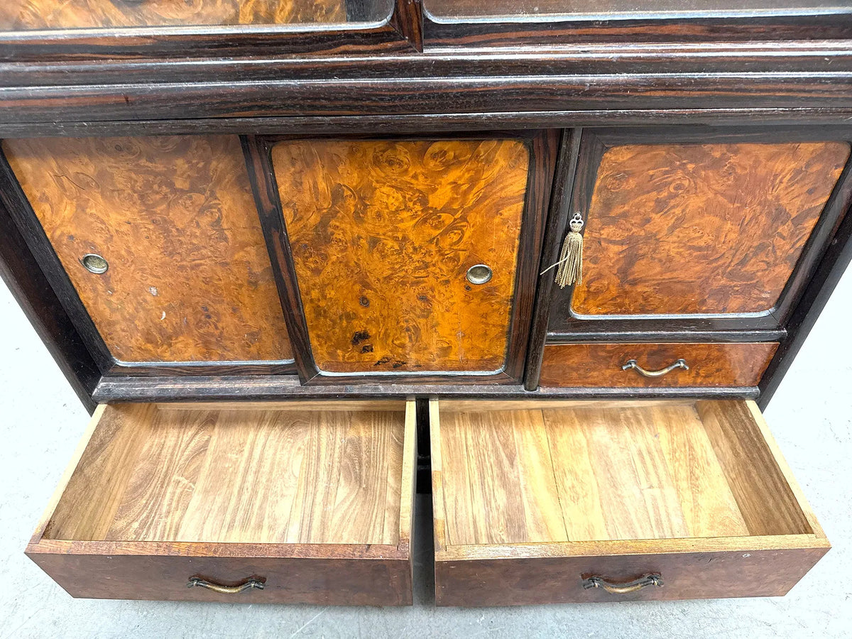 Japanese 2 Piece Stacked Tea Cabinet with Burlwood Insets