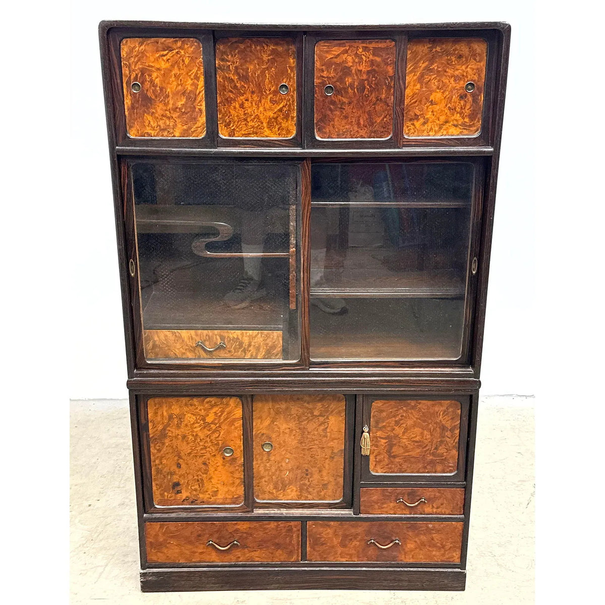Japanese 2 Piece Stacked Tea Cabinet with Burlwood Insets