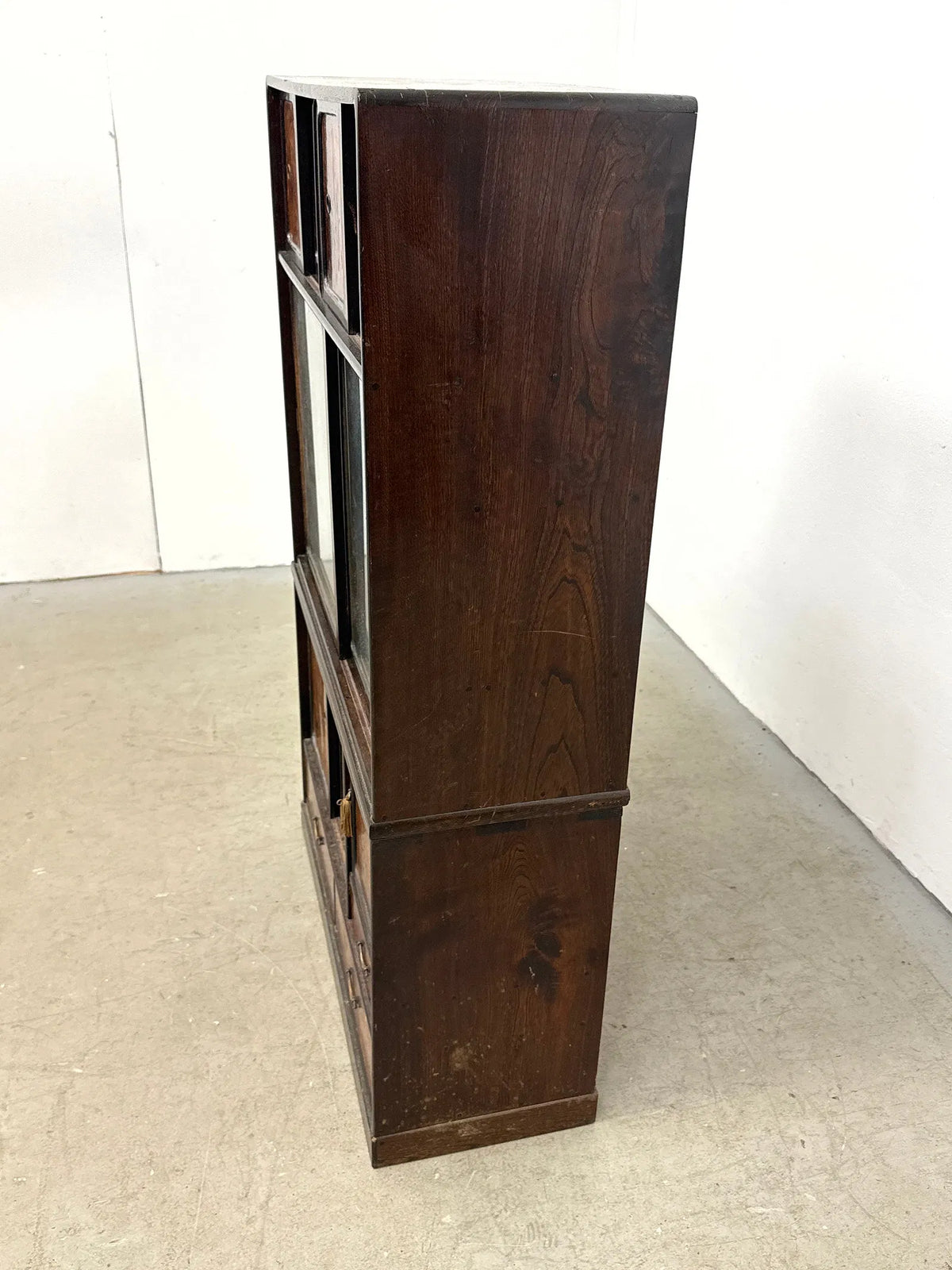 Japanese 2 Piece Stacked Tea Cabinet with Burlwood Insets