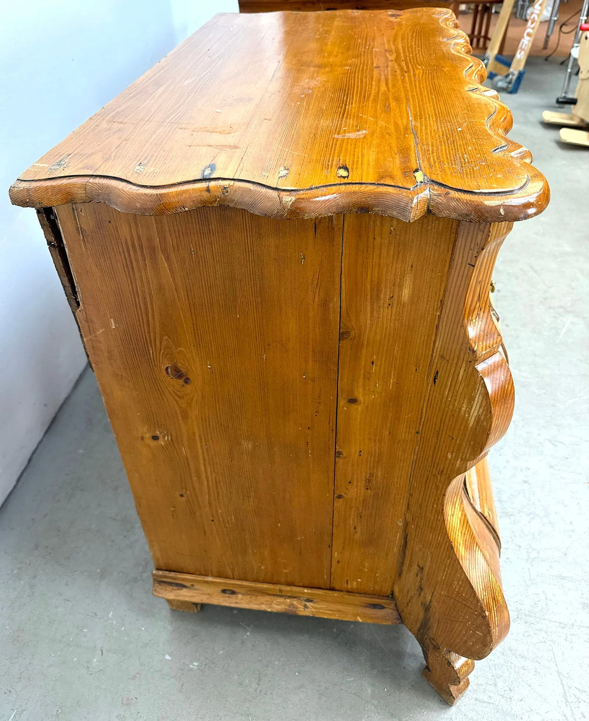 Antique European Pine Curved Dresser with Oval Hardware