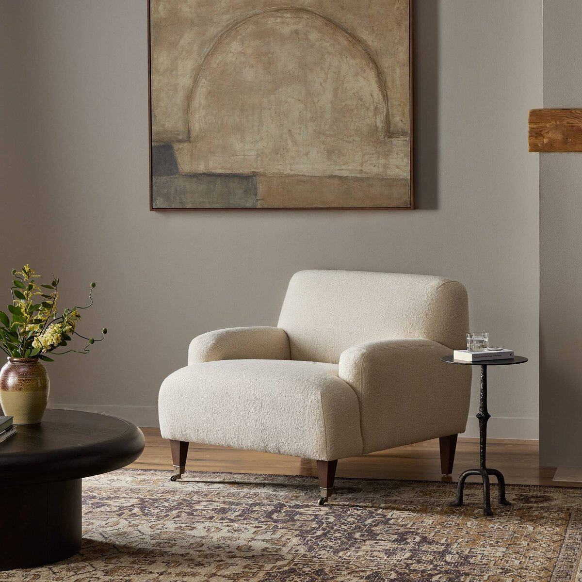 Chenille Accent Chair with Brass Casters