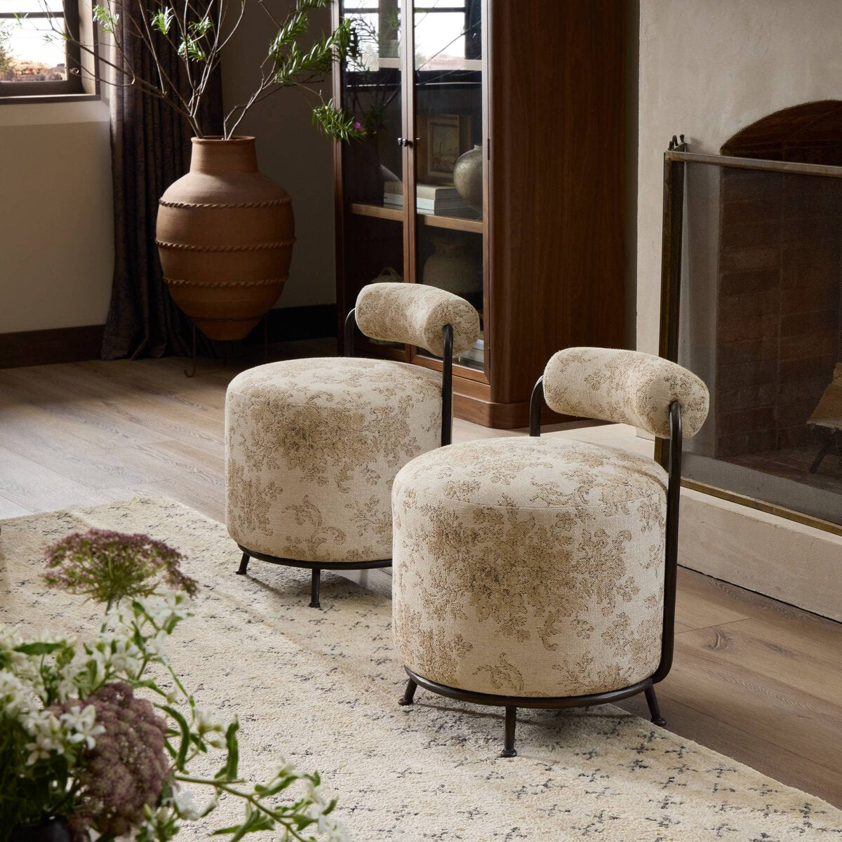 Bolster Back Accent Stool with Hammered Bronze Frame
