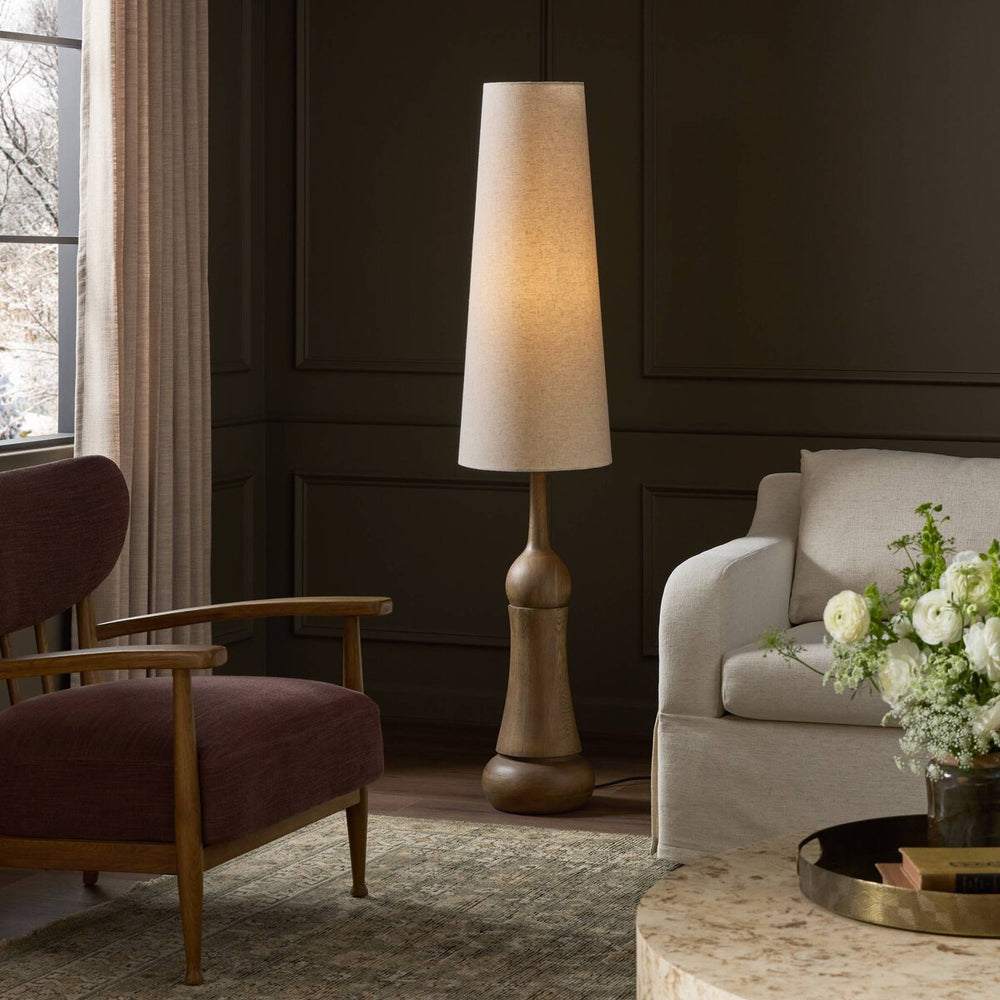 Turned Oak Floor Lamp with Tall Shade