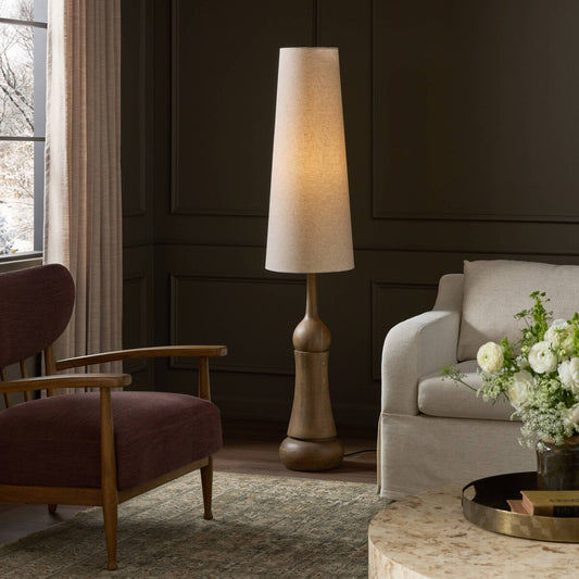 Turned Oak Floor Lamp with Tall Shade