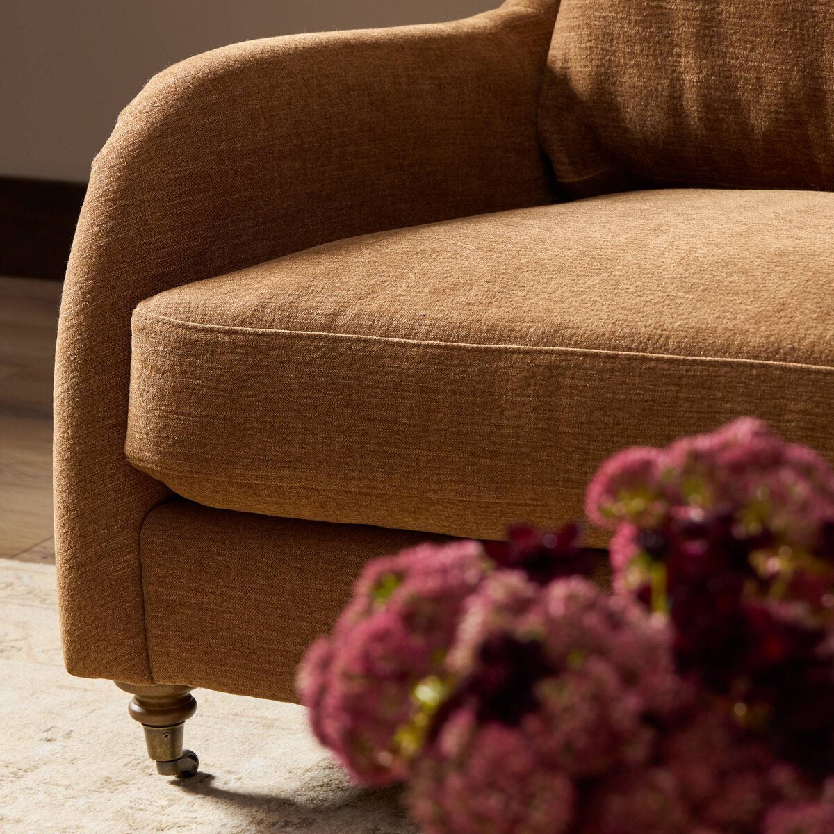 Distressed Leather Rolled Arm Sofa With Caster Legs